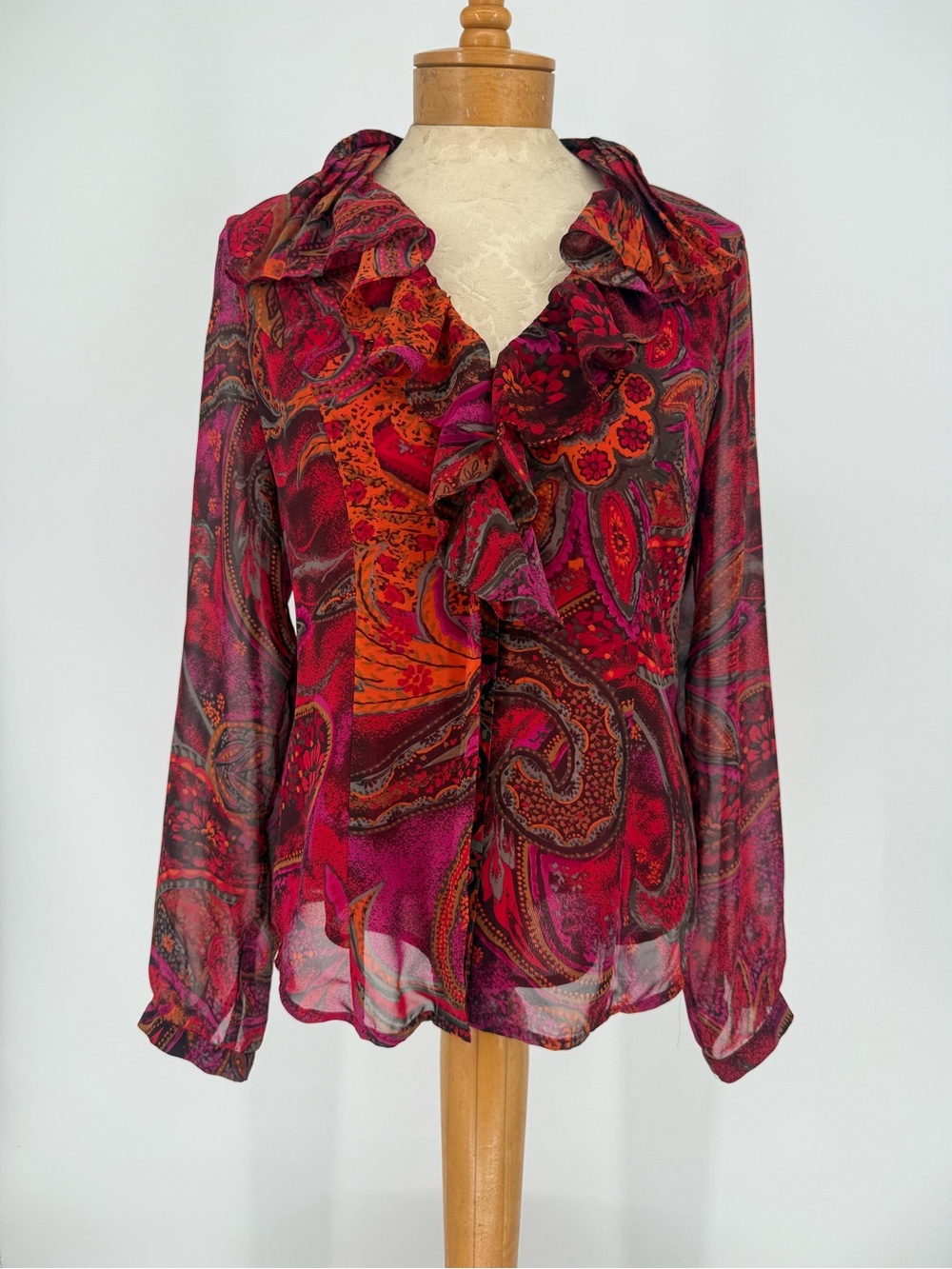Coldwater Creek Ruffled Paisley Button Down Blouse - Pink & Orange sz S